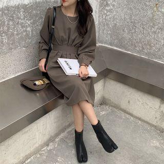 Round Neck Shirred Plain Midi Dress Coffee - One Size