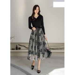 Lace-overlay Long Knit Dress With Sash Black - One Size