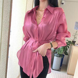 Belted Sleek Sheer Satin Shirt