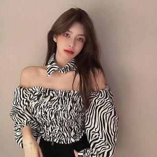 Long-sleeve Zebra Print Blouse Black & White - One Size