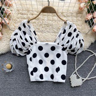 Square-neck Ruched Puff-sleeve Dots Top