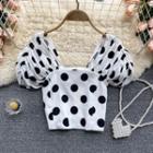 Square-neck Ruched Puff-sleeve Dots Top