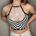 Striped Crochet Knit Spider Web Detail Cropped Halter Top