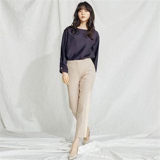 Pleated-sleeve Keyhole-back Blouse Navy Blue - One Size