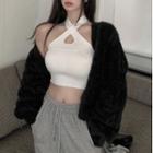 Halter-neck Knit Camisole Top / Cropped Fluffy Jacket