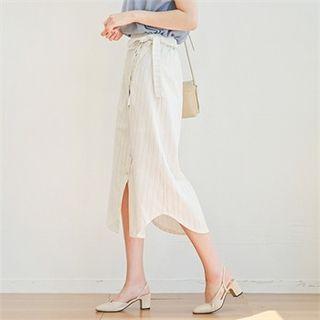 Tie-waist Button-front Midi Skirt