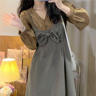 Long-sleeve Plain Shirt / Plaid Pleated Mini Skirt / Bow Stappy Dress