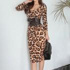 Leopard Long-sleeve Midi Sheath Dress