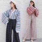 Set: Long-sleeve Striped Hanfu Top + Plaid Wide Leg Pants