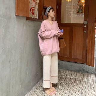 Set : V-neck Sweater + Wide-leg Pants