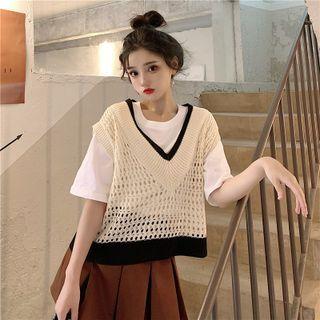 V-neck Cutout Color Panel Knit Vest / Round-neck Short-sleeve / Long-sleeve Top
