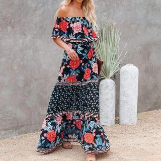 Off-shoulder Floral Maxi Smock Dress