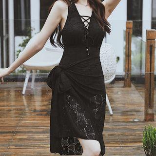 Set: Lace-up Back Swimsuit + Cover-up