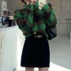 Mock-neck Plaid Sweatshirt / Mini A-line Skirt