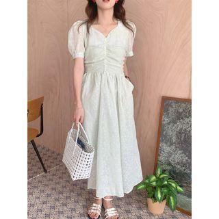 Short-sleeve Crinkled Midi A-line Dress Light Green - One Size