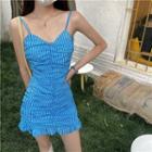 Spaghetti Strap Gingham Shirred A-line Dress