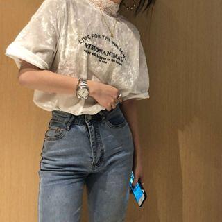 Short-sleeve Lettering Print Lace Trim T-shirt