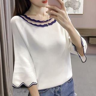 Scallop Neck Elbow-sleeve Knit Sweater