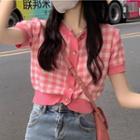 Short-sleeve Button-up Gingham Crop Top Pink - One Size