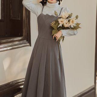 Set: Long-sleeve Top + Spaghetti Strap Midi A-line Dress