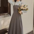 Set: Long-sleeve Top + Spaghetti Strap Midi A-line Dress