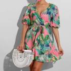 Puff-sleeve Tie-front Floral Print Dress