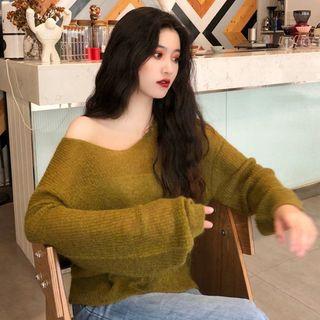 Long Sleeve V Neck Plain Knit Top