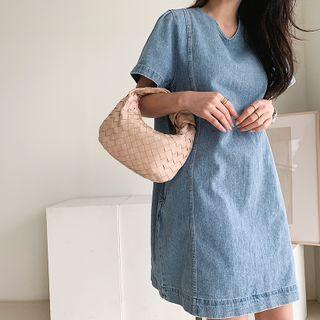 Short-sleeve Denim Shift Dress Blue - One Size