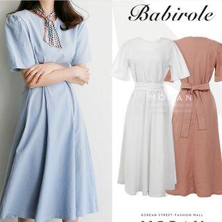 Bow Gathered-waist Short-sleeve Crewneck A-line Plain Long Sheath Dress