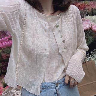 Set: Spaghetti Strap Knit Top + Long-sleeve Buttoned Top