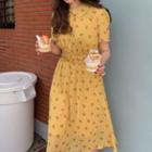 Short-sleeve Floral A-line Midi Dress Yellow - One Size