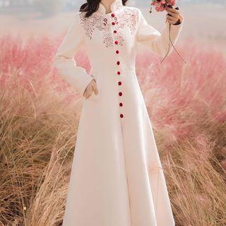 Long-sleeve Floral Embroidered Button-up Midi A-line Dress