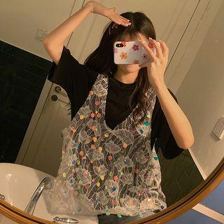 Short-sleeve Plain T-shirt / Sequined Vest