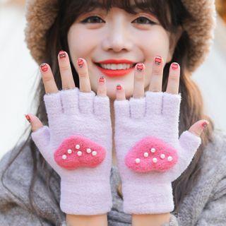Heart Faux Pearl Knit Half Gloves