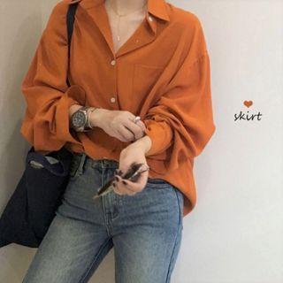 Balloon-sleeve Shirt Tangerine Red - One Size