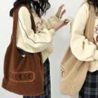 Letter Embroidered Faux Shearling Tote Bag