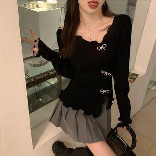 Long-sleeve Rhinestone Bow Knit Top