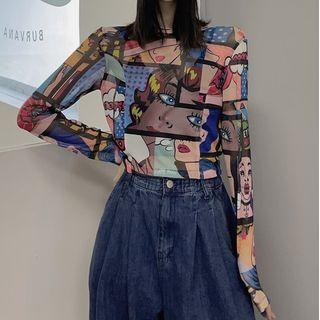 Long-sleeve Cartoon Print Cropped Sheer T-shirt