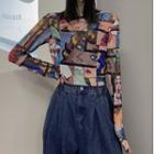 Long-sleeve Cartoon Print Cropped Sheer T-shirt