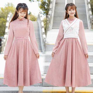 Set: Long-sleeve Mandarin Collar Midi A-line Dress + Sleeveless Top