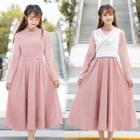 Set: Long-sleeve Mandarin Collar Midi A-line Dress + Sleeveless Top