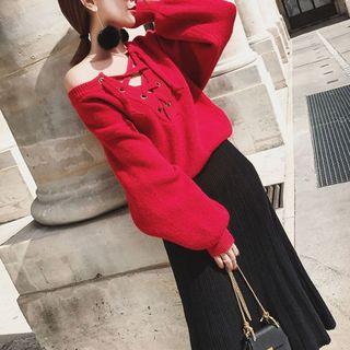 Set: Lace Up Sweater + High-waist Knit Midi A-line Skirt