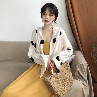 Long-sleeve Polka Dot Front Knot Shirt Black Dots - White - One Size