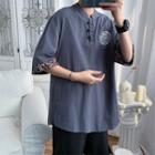 Elbow-sleeve Linen Frog Buttoned Top