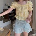 Set: Puff Short-sleeve Shirt + Floral A-line Skirt