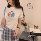 Short-sleeve Bear Printed T-shirt / Plaid A-line Mini Skirt