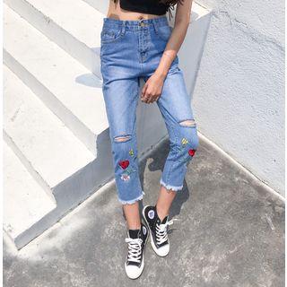 Flower Embroidered Fray Hem Jeans