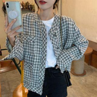 Long-sleeve Plaid Tweed Jacket Black & White - One Size