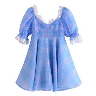 Puff Sleeve Lace-trim Plaid Mini Dress
