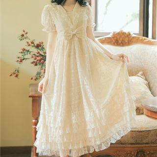 Short-sleeve Sailor Collar Ruffled Lace Midi A-line Dress